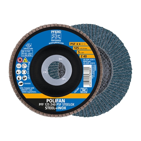 Pferd Tools 5" x 7/8" A.H. POLIFAN Flap Disc - Z PSF STEELOX, Zirconia, 40 Grit, Flat 63011